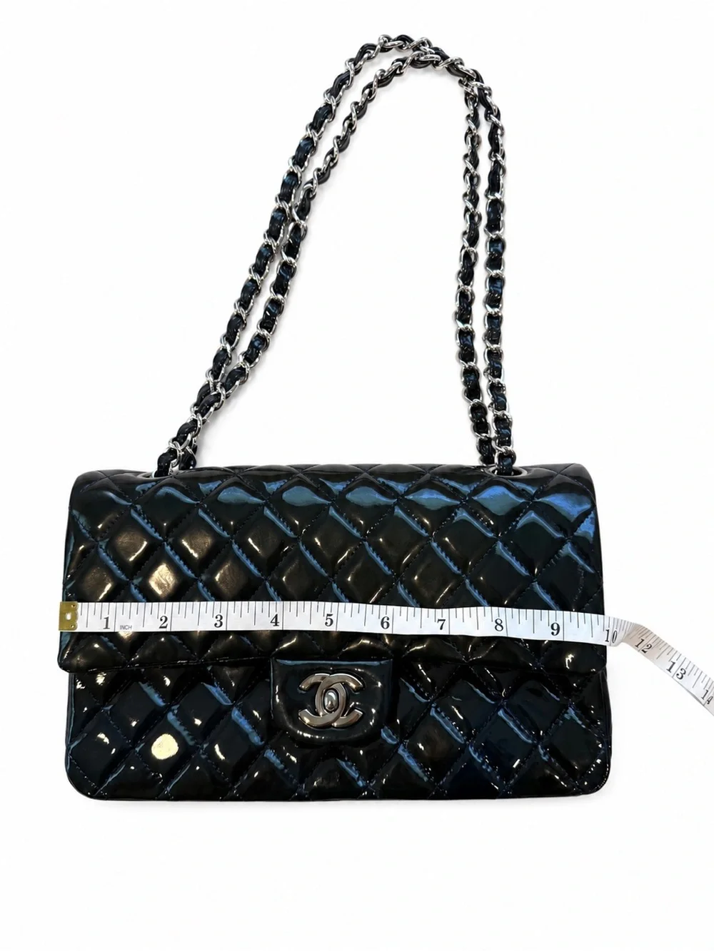 CHANEL Dark Green/Black Quilted Patent Leather Double Flap Bag with Chain Strap